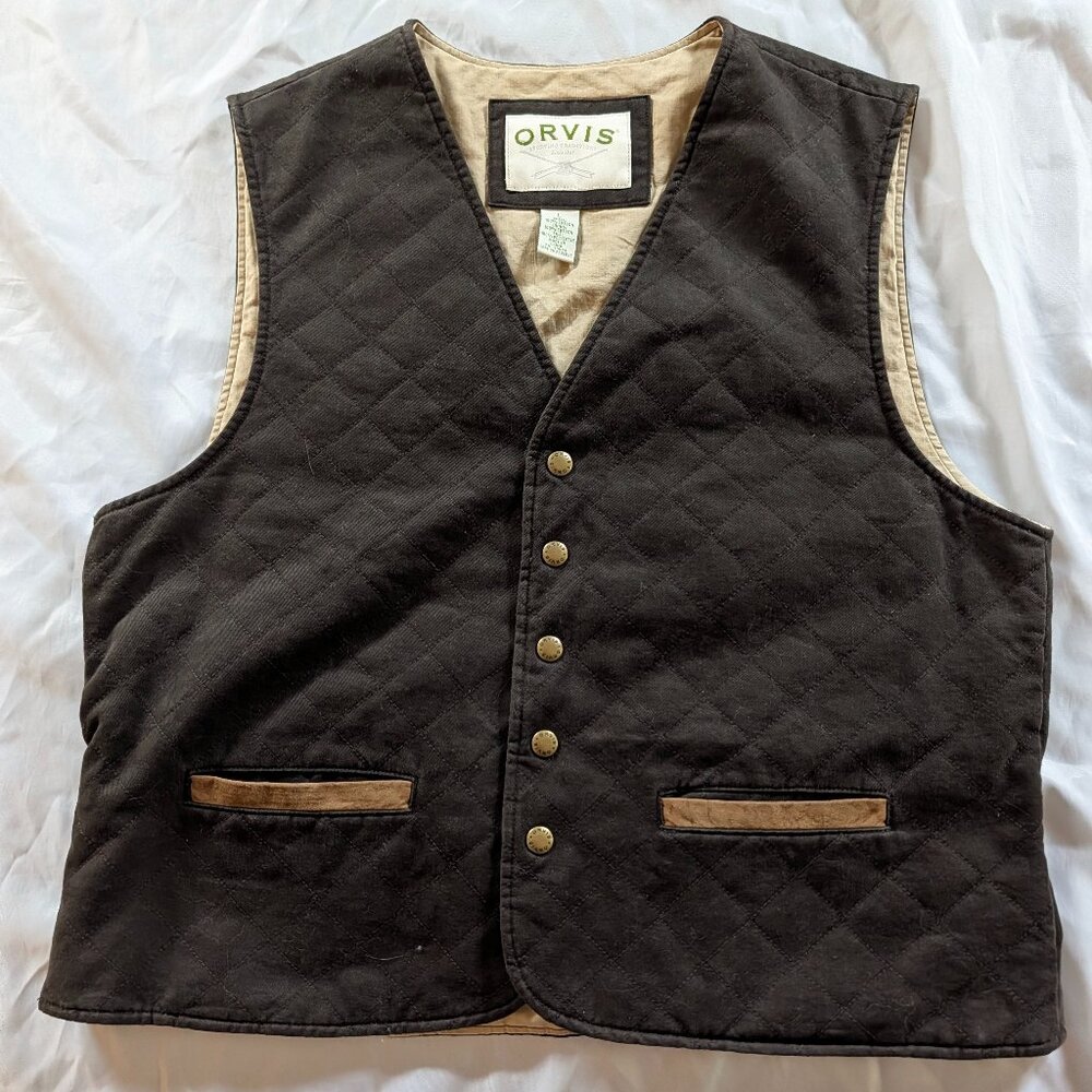 Orvis Men's Large Brown Cotton Quilted V-Neck Vest Faux Leather Trim